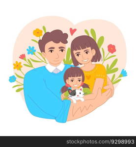 Happy family hugs concept. Father, mother, daughter and cat. Ukraine people on heart flower background. Vector Illustration in flat cartoon style isolated on white. Blue yellow colors.. Happy family hugs concept. Father, mother, daughter and cat. Ukraine people on flower background.