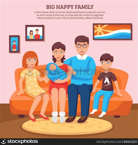 Happy Family Illustration. Big happy family with parents and children flat background vector illustration