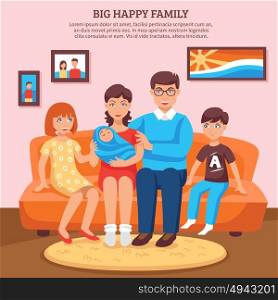Happy Family Illustration. Big happy family with parents and children flat background vector illustration
