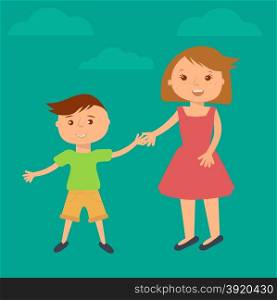 Happy family illustration. Brother and sister portrait in flat style. Boy and girl holding hands. Happy family illustration. Brother and sister portrait in flat style. Boy and girl holding hands.