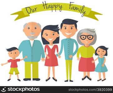 Happy family illustration. Father mother grandparents son and dauther portrait with banner.