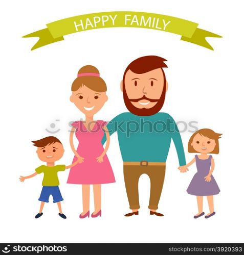 Happy family illustration. Father, mother, son and dauther portrait with banner.