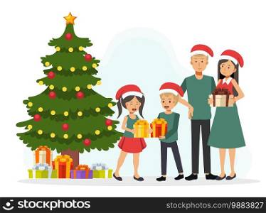 Happy family in Christmas hats are celebrating near christmas tree. Vector illustration of a flat cartoon character design.