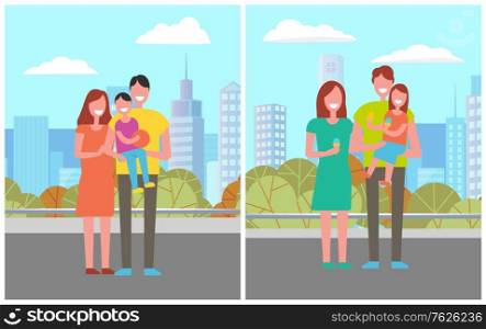 Happy family in city park, mother, father and son eating ice-cream, boy holding ball sitting on dads hands. Vector couple and child, son and daughter outdoors. Flat cartoon. Happy Family in City Park, Mother, Father and Son