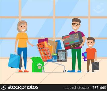 Happy family in mall with shopping cart full of stuff. Parents with their kid making purchases in supermarket . Mother, father and little son buying things. Family Shopping Day, Bags with Purchases Vector
