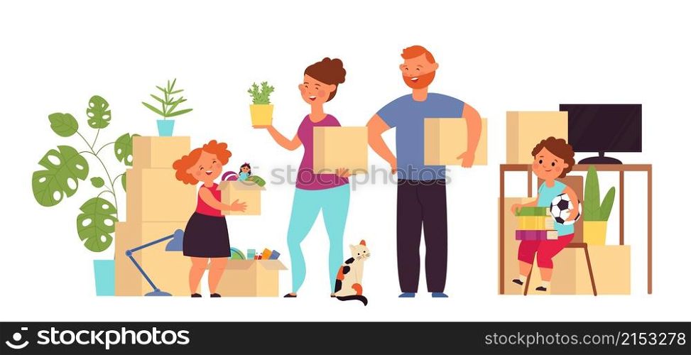 Happy family in new home. Young people move, packaging or cardboard box delivery. Cartoon woman kid moving to apartment decent vector concept. Happy family moving to new home illustration. Happy family in new home. Young people move, packaging or cardboard box delivery. Cartoon woman kid moving to apartment decent vector concept