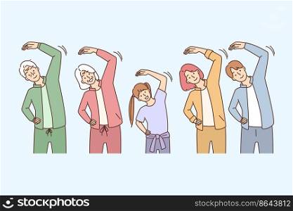 Happy family in sportswear do gymnastics together. Smiling three generations exercise follow healthy lifestyle. Sport and workout. Vector illustration. . Happy family workout together 