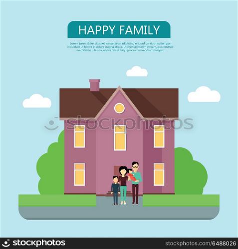 Happy Family in the Yard of Their House.. Happy family in the yard of their house. Home icon symbol sign. Colorful residential cottage in violet colors. Part of series of modern buildings in flat design style. Real estate concept. Vector