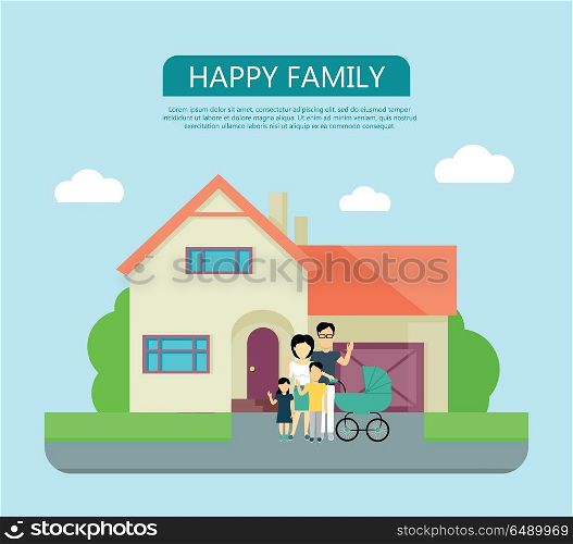 Happy Family in the Yard of Their House.. Happy family in the yard of their house. Home icon symbol sign. Colorful residential cottage in beige colors. Part of series of modern buildings in flat design style. Real estate concept. Vector