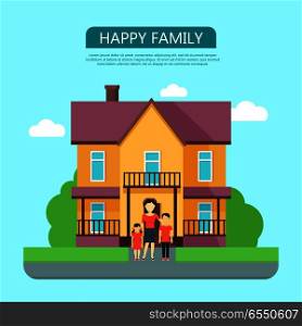Happy family in the yard of their house. Home icon symbol sign. Colorful residential cottage with green bushes. Part of series of modern buildings in flat design style. Real estate concept. Vector. Happy Family in the Yard of Their House