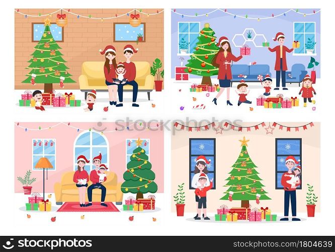 Happy Family is Getting Together On Christmas There Are Mothers, Fathers, Children In Living Room The Decoration Tree And Gift. Background Vector Illustration