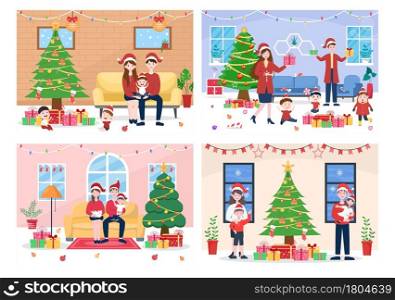 Happy Family is Getting Together On Christmas There Are Mothers, Fathers, Children In Living Room The Decoration Tree And Gift. Background Vector Illustration