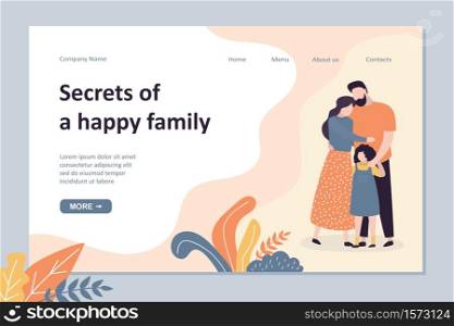 Happy family landing page template. Parents with daughter hugging. Cute humans characters. Family portrait concept banner. Trendy vector illustration