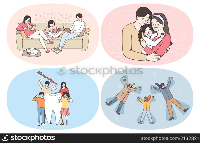 Happy family leisure and routine concept. Set of young happy families with children reading together brushing teeth enjoying time together hugging lying on snow and playing vector illustration. Happy family leisure and routine concept
