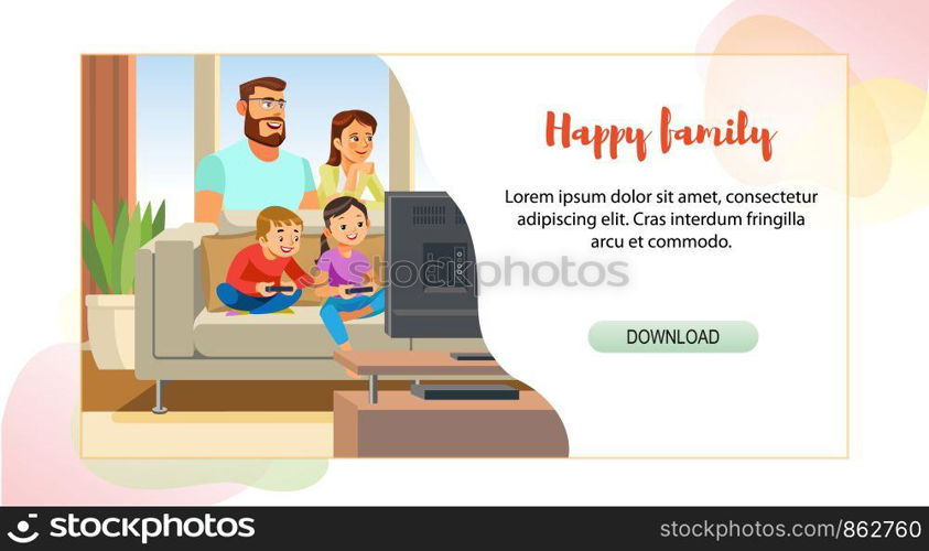 Happy Family Leisure Web Banner, Landing Page Cartoon Vector Template. Father and Mother Resting in Living Room, Son and Daughter Playing Video Games. Parents Enjoying Holiday, Spending Time with Kids