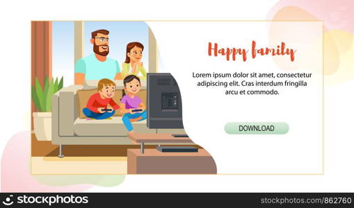 Happy Family Leisure Web Banner, Landing Page Cartoon Vector Template. Father and Mother Resting in Living Room, Son and Daughter Playing Video Games. Parents Enjoying Holiday, Spending Time with Kids