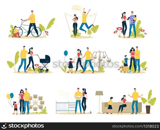 Happy Family Life Scenes Trendy Flat Vector Set. Parents with Child Having Fun in Amusement Park, Father and Son Repairing Bicycle, Couple Walking with Baby, Family Spending Time Together Illustration
