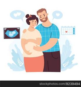 Happy family. Light skinned couple expecting baby. Pregnant woman and husband with first photo of ultrasound of child. Vector illustration. Future parents, pregnancy motherhood, parenthood concept