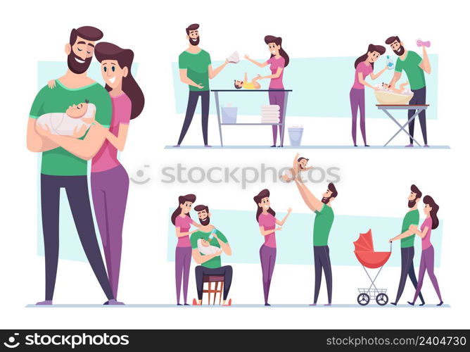 Happy family. Lovely couple mother and father taking care to new born child mom breastfeeding embracing infant kid exact vector cartoon illustrations. Mother and father love baby, family with child. Happy family. Lovely couple mother and father taking care to new born child mom breastfeeding embracing infant kid exact vector cartoon illustrations