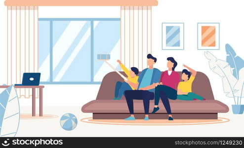 Happy Family Making Selfie, Mother, Father, Son and Daughter Sitting on Sofa Posing on Smartphone. Loving Relations, Sweet Moments of Life, Weekend Leisure, Technology Cartoon Flat Vector Illustration. Happy Family Making Selfie, Sweet Moments of Life