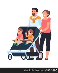 Happy family. Man and a woman with baby carriage, little twins walking with parents, mom and dad with boy and girl kids, parenthood and childhood concept, vector cartoon flat isolated illustration. Happy family. Man and a woman with baby carriage, little twins walking with parents, mom and dad with boy and girl kids, parenthood concept, vector cartoon flat isolated illustration
