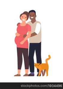 Happy family. Man and pregnant woman hugging, multiethnic couple smiling, cute wife and husband standing with cat, waiting for baby. Parenthood concept. Vector cartoon flat isolated illustration. Happy family. Man and pregnant woman hugging, multiethnic couple smiling, cute wife and husband standing with cat, waiting for baby. Vector cartoon flat isolated illustration