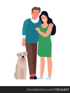 Happy family. Man and woman hugging, romantic couple smiling, cute wife and husband standing with dog. Simple characters with pet happiness together. Relationships vector cartoon isolated illustration. Happy family. Man and woman hugging, romantic couple smiling, cute wife and husband standing with dog. Simple characters with pet happiness together. Vector cartoon isolated illustration