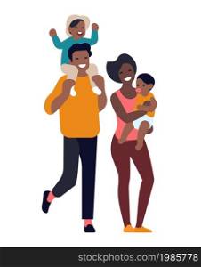 Happy family. Man and woman with twins, little kids walking with african americans parents, black mom and dad with boy and girl kids, parenthood and childhood concept, vector cartoon flat illustration. Happy family. Man and woman with twins, little kids walking with african americans parents, black mom and dad with boy and girl kids, parenthood and childhood concept, vector illustration