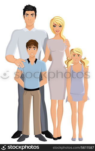 Happy family man woman parents and girl and boy kids full length portrait vector illustration.