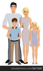 Happy family man woman parents and girl and boy kids full length portrait vector illustration.