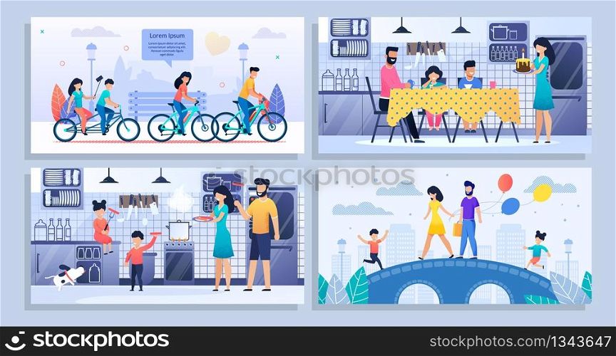 Happy Family Members Daily Routine Flat Banner Mockup Set. Cartoon Cheerful Mother, Father and Children on Walk, Doing Sport, Cooking, Celebrating Birthday Party Together. Vector Illustration. Happy Family Daily Routine Flat Banner Mockup Set