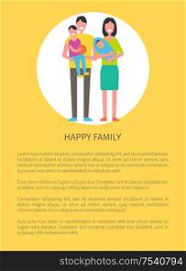 Happy family members father with son, mother with newborn boy vector couple with children, togetherness concept poster. Parents and kids in circle. Happy family Members Father, Son, Mother, Newborn