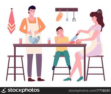 Happy family mom dad and son cooking in kitchen flat illustration. Prepearing family dinner on white background. Dad in an apron makes salad, mom cuts vegetables, boy is sitting at the table. Happy family mom dad and son cooking in kitchen vector illustration. Prepearing family dinner