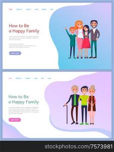 Happy family, mother and father embracing daughter and son. Portrait view of smiling parents and children. Standing grandparents with boy, web page vector. Website or template landing page in flat. How to Be Happy Family Parents and Children Vector