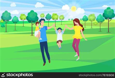 Happy family, mother, father and children walking together in green forest, springtime scenery landscape. Vector cartoon people, mom and dad, daughter and son. Family, Mother, Father and Kids Walking Together
