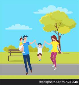 Happy family, mother, father and children walking together in green forest, springtime scenery landscape. Vector cartoon people, mom and dad, daughter and son. Family, Mother, Father and Kids Walking Together