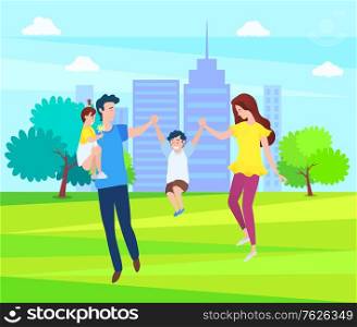 Happy family, mother, father and children walking together in green forest, springtime scenery landscape. Vector cartoon people, mom and dad, daughter and son. Flat cartoon. Family, Mother, Father and Kids Walking Together