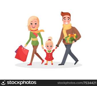 Happy family mother, father and small daughter returns from shopping. Couple and child with bags full of presents and gift boxes, vector isolated on white. Happy Family Mother Father Small Daughter Shopping