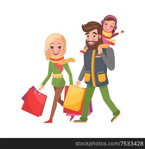 Happy family mother, father, daughter returns from shopping. Couple and children with bags full of presents, gift boxes vector. Christmas holidays celebration. Happy Family Mother Father, Daughter Xmas Shopping