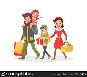 Happy family mother, father small daughter and son returns from shopping. Couple and children with bags full of presents, gift boxes and cart, vector. Happy Family Mother, Father Small Daughter and Son