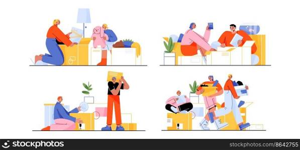 Happy family moving into new house, people relocation. Mother, father and children load, carry boxes and things to home. Characters buying real estate apartments, Line art flat vector illustration. People relocation, happy family moves to new house