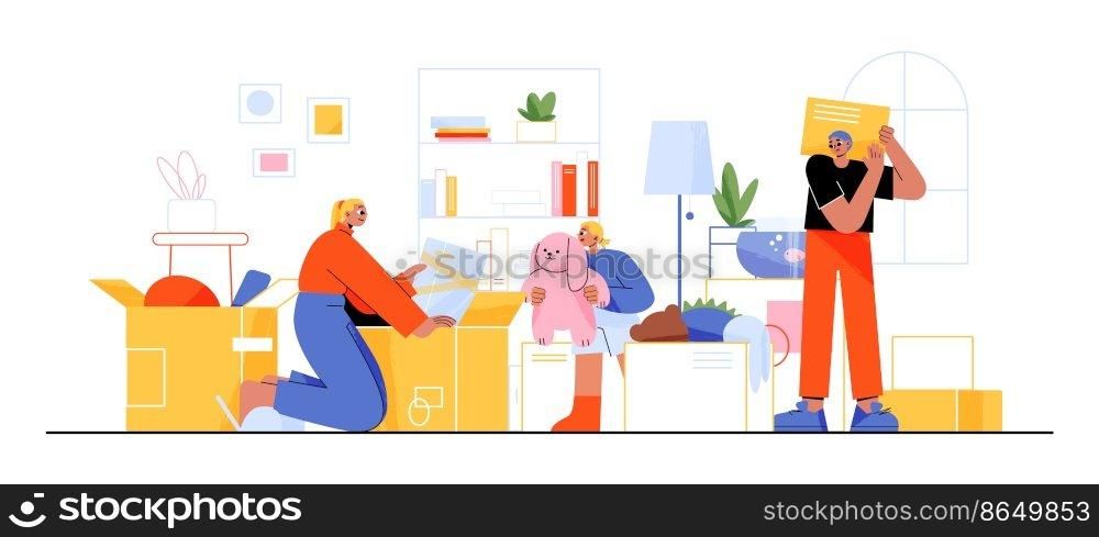 Happy family moving into new house, people relocation. Mother, father and child characters unpack and carry boxes with things at home room. People buying apartments, Linear flat vector illustration. Happy family moving into new house, relocation