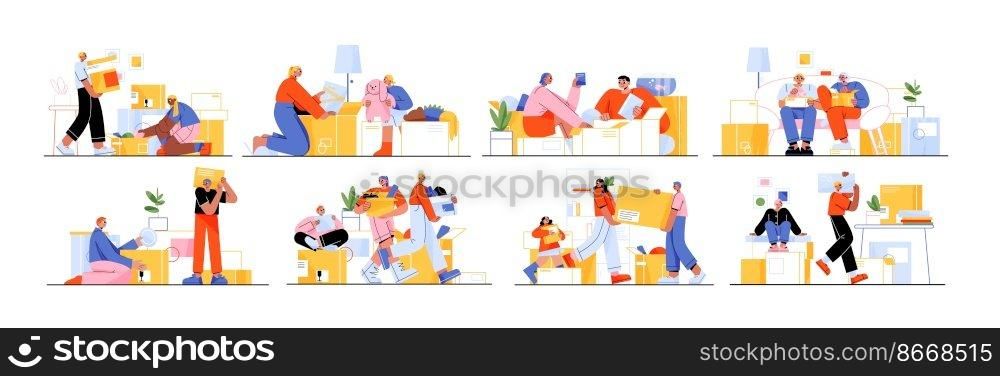 Happy family moving into new house, people relocation. Mother, father and children load, carry boxes and things to home. Characters buying real estate apartments, Line art flat vector illustration. People relocation, happy family moves to new house