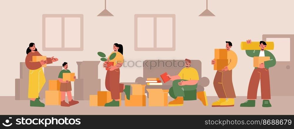 Happy family moving into new house, people relocation. Mother, father, child and loaders carry boxes and things to home. Characters buying real estate apartments, Line art flat vector illustration. People relocation, happy family moves to new house