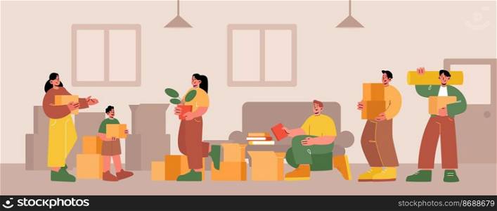 Happy family moving into new house, people relocation. Mother, father, child and loaders carry boxes and things to home. Characters buying real estate apartments, Line art flat vector illustration. People relocation, happy family moves to new house
