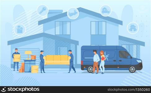 Happy Family Moving into New House. Workers Carrying Cardboard Boxes, Furniture and Things at Home. People Buying Real Estate Apartments for Living, Loader Service. Cartoon Flat Vector Illustration. Happy Family Moving into New House. Loader Service