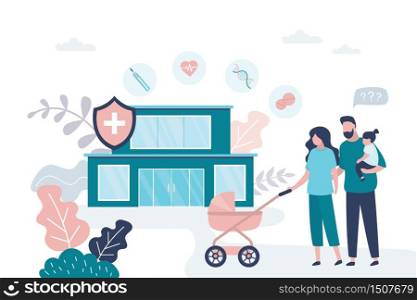 Happy family near hospital. Healthcare banner. Cute family came to hospital for medical examination. Baby stroller,mother and father with child on hand. Health insurance banner. Vector illustration