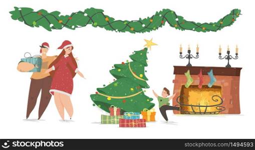 Happy Family New Year and Christmas Holidays Celebration. Couple of Parents in Santa Claus Hats, Little Son Dancing at Decorated Christmas Tree, Fireplace with Socks Cartoon Flat Vector Illustration. Happy Family New Year and Christmas Celebration