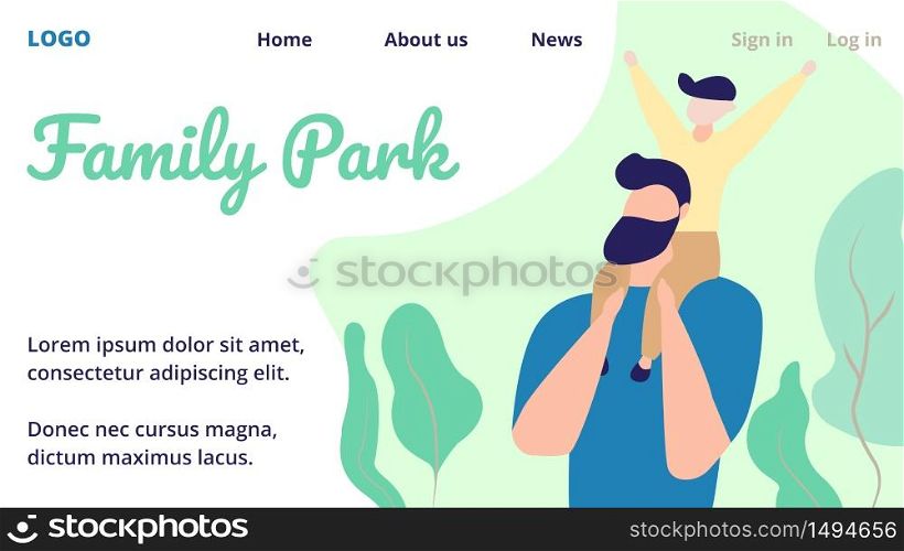 Happy Family of Little Cheerful Boy Sitting on Dad Shoulders Walking in Summer Park. Father Day Holiday, Summertime Vacation, Weekend with Child. Cartoon Flat Vector Illustration, Horizontal Banner. Son Spend time with Father in Family Park Summer