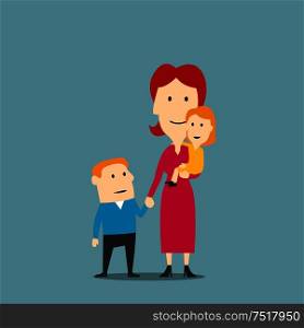 Happy family of mother and two kids. Smiling cartoon woman in elegant pink dress standing with little daughter and older son. Great for mother day concept or parenting theme design. Portrait of happy family with mother and two kids